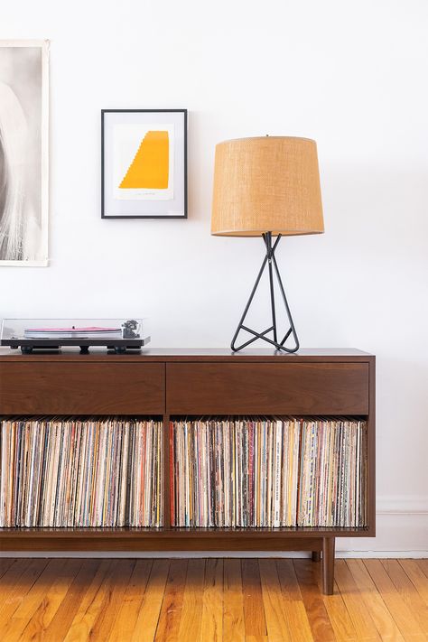 Department Home: Our 1 x 3 Drawer cabinet shown staged and set up with records and a turntable on top. Turntable Furniture Design, Vinyl Records Storage Ideas, Retro Record Cabinet, Vintage Record Player Cabinet, Record Furniture, Vinyl Record Furniture, Vinyl Record Cabinet, Lp Record Storage, Record Player Cabinet