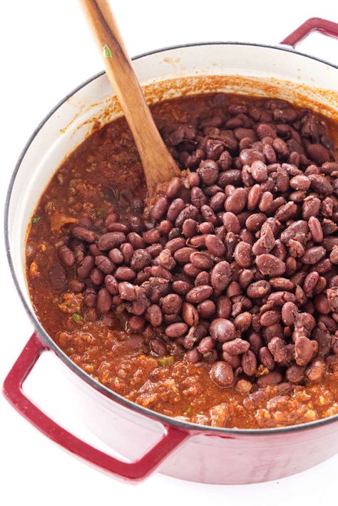 Our recipe for homemade chili beans has a generous amount of lean ground beef. We start from scratch with dried beans but you can use canned. Chili Recipe From Dried Beans, Chili Beans Recipe Homemade, Dry Bean Chili, Chili Recipe With Dry Beans, Chili With Dry Beans, Recipe For Homemade Chili, Red Bean Chili Recipe, Homemade Chili Beans, Red Bean Chili