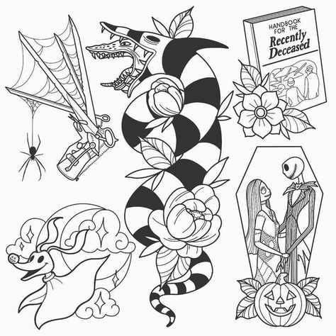 Tim Burton Flash Sheet, Spooky Bouquet Tattoo, Ren Faire Tattoo, Beetlejuice Sleeve Tattoo, Halloween Tattoo Designs Drawings, Bettle Juice Tattoo Tim Burton, Horror Tattoo Stencil Outline, Tim Burton Tattoo Designs, Halloween Flash Tattoo Sheet