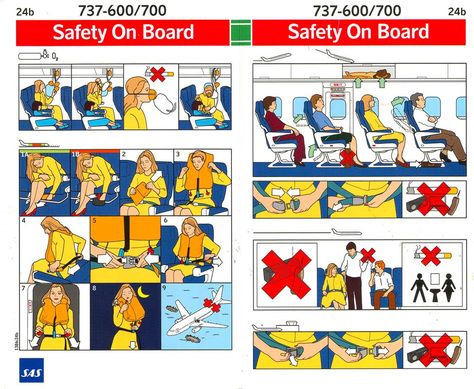 Airplane Safety Leaflet. Makes use of Sequential art to clearly demonstrate its message. Airplane Safety, Prank Wars, Flight Instruction, Safety Instructions, Vintage Airlines, American Idol, Eu Flag, Pilots, On Board