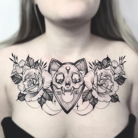 Chest Neck Tattoo, Cat Skull Tattoo, Witchcraft Tattoos, Bone Tattoos, Wicked Tattoos, Witch Tattoo, Skeleton Tattoos, Kawaii Tattoo, Chest Tattoos For Women