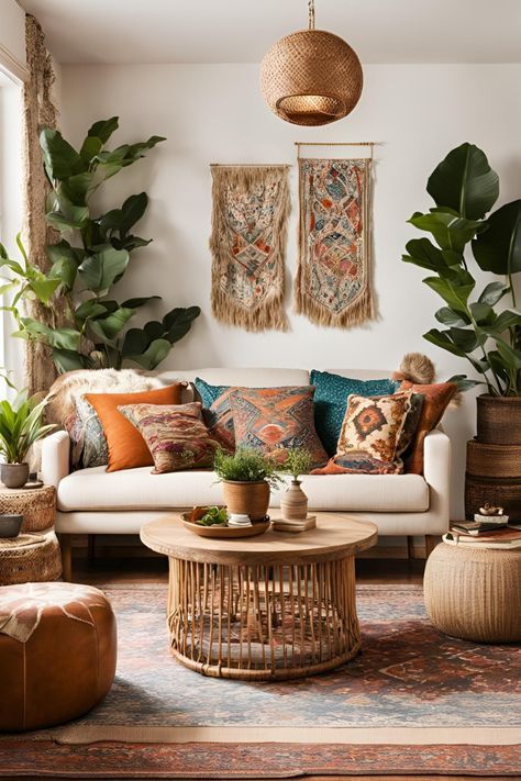 Bohemian Style House Interior Design, Muted Boho Living Room, Peach Boho Living Room, Warm Tone Living Room Decor, Elevated Boho Living Room, Living Room Inspo Bohemian, Colourful Boho Decor, Earthy Living Room Decor Ideas, Bohiem Living Room