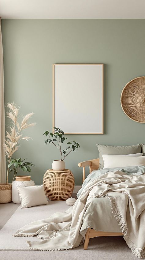 Dark Green Bedroom Pastel Green Wall Bedroom, Cosy Sage Green Bedroom, Green Based Bedroom, Dark Sage Room Aesthetic, Beige And Dark Green Bedroom, Pastel Green Room Ideas Bedroom, Soft Green Bedroom Walls, Sage Green Feature Wall Bedroom, Natural Green Bedroom