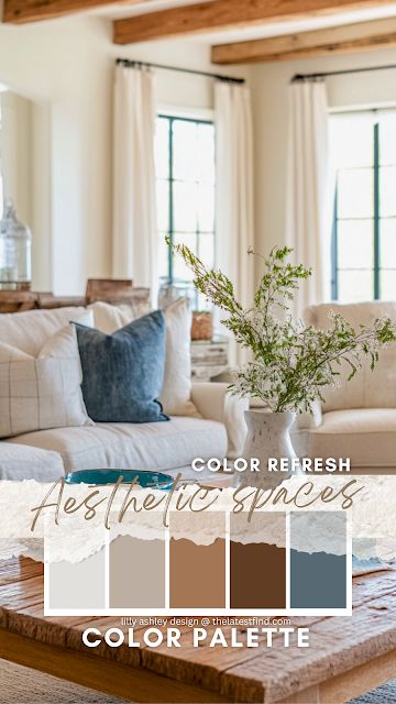 Lilly Ashley: Achieve a Farmhouse Feel: Infusing Creams and Whites with Natural Wood Tones, Pops of Blue, and Greenery Pops Of Blue Living Room, Color Pop Home Decor, Blue Beige Tan Living Room, Neutral Living Room Blue Accents, Neutral Living Room With Navy Accents, Blue And Cream Living Room Ideas, Nuetral Pallete Living Room With Blue, Navy And Tan Living Room, Taupe And Blue Living Room