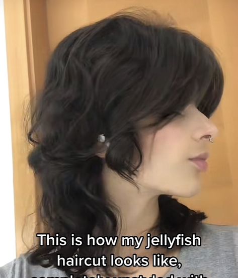 Jellyfish Haircut On Wavy Hair, Grown Out Jellyfish Haircut, Short Jellyfish Hair Curly, Jellyfish Cut Long, Jellyfish Haircut Thick Hair, Jellyfish Haircut On Curly Hair, Jellyfish Curly Hair, Jellyfish Haircut Front View, Curly Hair Jellyfish Haircut