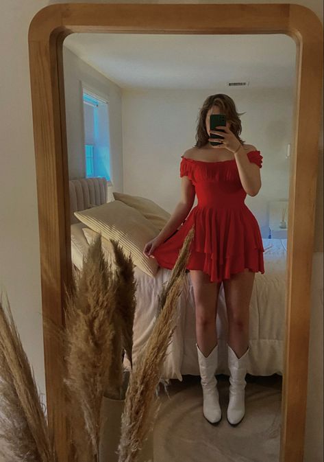 Mirror selfie outfit ootd Off The Shoulder Dress With Cowboy Boots, Red Mini Dress With Cowboy Boots, Red Cowgirl Dress, Red Dress And Cowboy Boots, Red Dress With White Boots, Red Concert Dress, Red Dress Cowgirl Boots, Red Dress White Cowboy Boots, Red Dress Cowboy Boots Outfit