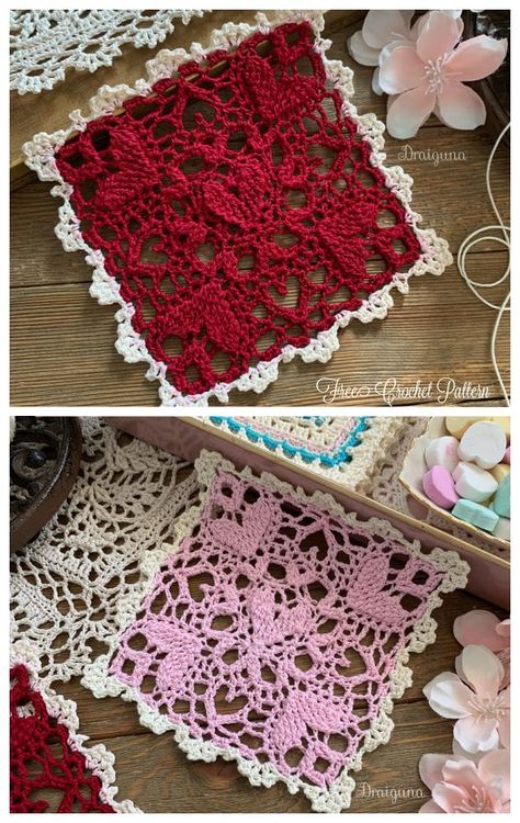 Higher Love Square Lace Doily Free Crochet Patterns Floral Doily Crochet Pattern, Crochet Heart Lace Pattern, Free Square Crochet Doily Patterns, Crochet Lace Table Runner Pattern, Heart Doily Crochet Pattern, Crochet Heart Lace, Crochet Table Cloth Patterns, Valentine Crochet Patterns, Valentines Crochet Ideas