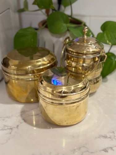 "I just love eveything about my new brass containers. It reminds me of my Grandma" - Pradnya S. Ghee Container, Gold Canisters For Kitchen, Gold Spice Jars, Gold Candle Tins, Tiffin Box, Brass Pot, Kitchen Food Storage, Metal Containers, Ghee