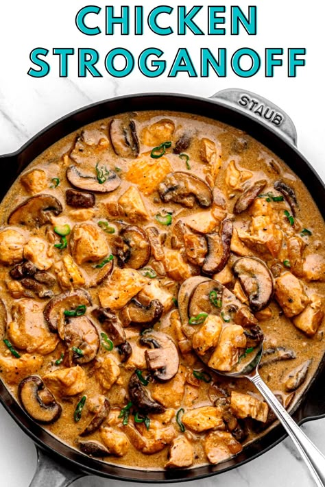 Satisfy your cravings with this irresistible Chicken Stroganoff recipe! This creamy and flavorful dish features tender chicken strips cooked to perfection in a rich sauce, served over a bed of fluffy egg noodles. Indulge in a comforting meal that will leave you wanting more. Buffalo Chicken Stroganoff, Easy Chicken Stroganoff 12 Tomatoes, Chicken Stroganoff Crock Pot, Chicken Strip Dinner Ideas, Crockpot Stroganoff, Easy Chicken Stroganoff Recipe, Creamy Chicken Stroganoff, Chicken With Mushroom Sauce, Slow Cooker Chicken Stroganoff