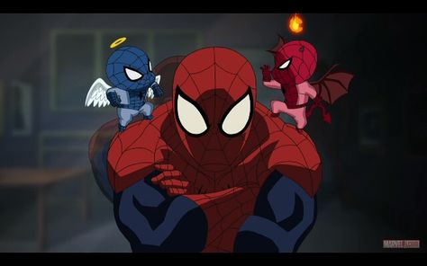 Spidey angel and devil! Animated Spider, Spiderman Cartoon, Ultimate Spider Man, Randy Cunningham, Ghost In The Machine, Tv Tropes, Ultimate Spiderman, Man Movies, Angel And Devil