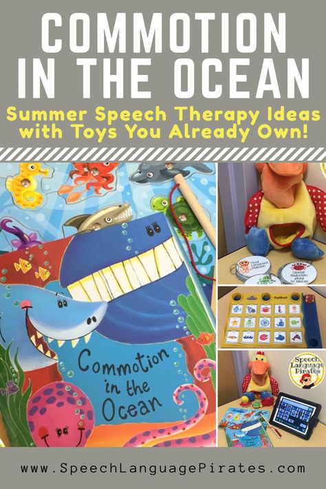 summer speech therapy commotion in the ocean book cariboo preschool special education Summer Speech Therapy Activities, Seaside Eyfs, Commotion In The Ocean, Subject Pronouns, Ocean Books, Ocean Unit, Preschool Language, Slp Activities, Book Theme