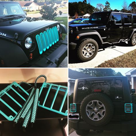 Customized Jeep Rubicon Unlimited #turquoise #teal #paracordgrabhandles #grillinserts #taillightcovers #jeep Black And Teal Jeep Wrangler, Teal Jeep Accessories, Jeep Ideas Accessories, Teal Jeep Wrangler, Jeep Themes, Jeep Wrangler Interior Ideas, Girl Jeep Wrangler, Jeep Rubicon Accessories, Jeep Wraps