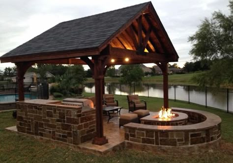 interesting idea to put fire pit outside cover would want the pit to be lower to provide heat on legs Fire Pit With Seating, Fire Pit Seating Area, Gazebo Ideas, Outdoor Gazebo, Outdoor Pavilion, Fire Pit Seating, Backyard Gazebo, Backyard Pavilion, Outdoor Kitchen Ideas