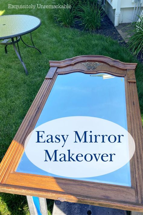 Easy Mirror Makeover Repaint Mirror Frame Diy, Diy Distressed Mirror Frame, White Wash Mirror Frame Diy, Mirror Repurpose Upcycling, Upcyle Mirror, Diy Pier Mirror, Update A Mirror Frame, Painted Wood Mirror Frame, Wall Mirror Redo Diy