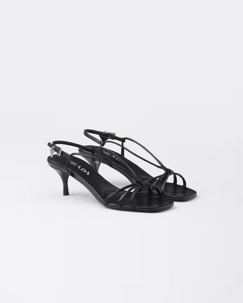 Black Heeled Leather Sandals | PRADA Prada Heels, Prada Sandals, Latest Sandal, Hermes Shoes, Lettering Logo, Leather Heels Sandals, Prada Leather, Airport Fashion, Leather Sandals Women