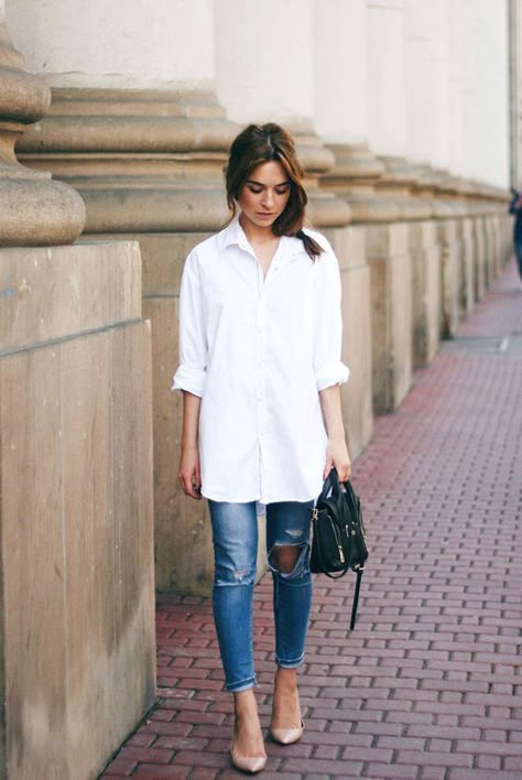 Neutral Basic 3: Blouse // How to style a white button down, classic white shirt, chic looks, cute outfit ideas for work. #cute #outfit #cuteoutfit #outfitideas #womensfashion White Blouse Outfit, Long Shirt Outfits, White Shirt Outfit, Blue Jeans Outfit, Long White Shirt, Blouse Tops Designs, Minimalist Moda, White Shirt Outfits, White Blouse Top