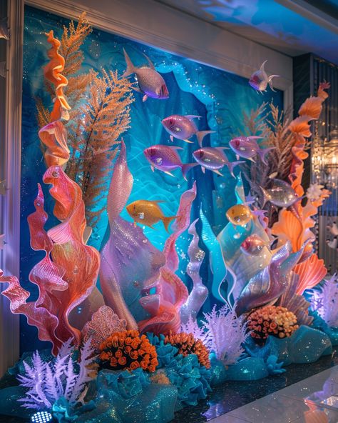 Under The Sea Stage Design, Spray Foam Coral Reef, Under The Sea Collage, Under The Sea Floral Arrangements, Under The Sea Float, Under The Sea Homecoming Theme, Mermaid Diy Decorations, Underwater Party Theme, Diy Under The Sea Decorations