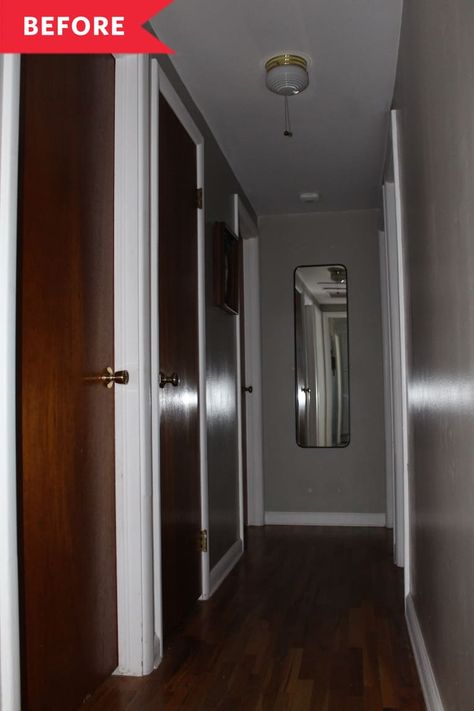 Gray Board And Batten, Small Upstairs Hallway, Batten Hallway, Mirror In Hallway, Paint Doors White, Hallway Before And After, Board And Batten Hallway, Painted Hallway, Paint Door Knobs