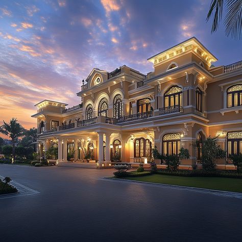 Behold the grandeur of Indian architecture, where elegance meets luxury! 🏛️🌅 This majestic bungalow, with its ornate columns and intricate jali work, stands as a testament to cultural richness. Bathed in the golden glow of the setting sun, it exudes timeless beauty. 🌺🌟 #BungalowDesign #IndianArchitecture #LuxuryHomes #HeritageLiving #HomeDesign #TraditionalMotifs #ArchitecturalBeauty #SunsetGlow Mansions In India, Indian Mansion Aesthetic, Bungalow Aesthetic, Indian Mansion, House With Columns, Beautiful Bungalows, Banglow Design, Luxurious Bungalow, Column Architecture