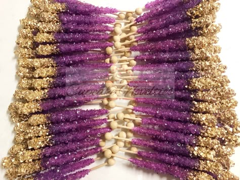 EXPRESS shipping strongly recommended for summer hot weather shipping for Chocolate treats (not needed for Rock Candy). Thank you! Elegant & delicious Purple Gold themed Rock candy with pretty gold finish! Great for a purple gold bridal shower, baby shower, Purple Gold wedding favors, dessert table treats, a girly purple & gold themed birthday, baby shower or bridal shower party or for a beautiful Purple & Gold Wedding dessert table or favors!  You will receive 1 dozen (12) decadent Rock Candy s Pink Purple Party Theme, Sweet 16 Party Ideas Lavender And Gold, Gold And Violet Wedding, Black White Gold Purple Party, Purple And Gold Gender Reveal, Purple And Gold Dress Short, Dessert Table Ideas Purple, Purple Gold Quinceanera Theme, Purple Treats For Party