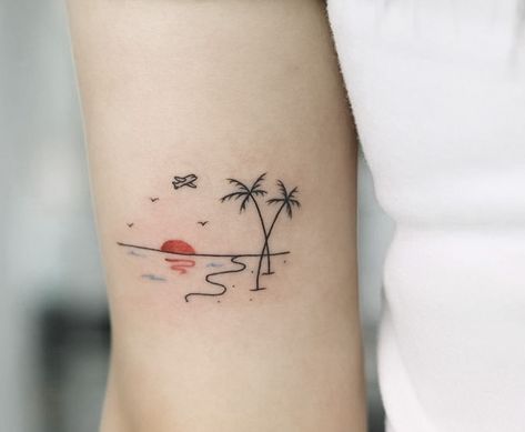 Small Florida Tattoo Ideas, Miami Inspired Tattoos, Beach Sunset Tattoo, Miami Tattoo Ideas, Small Tropical Tattoo, Florida Tattoo, Miami Tattoo, Tattoo Samples, Geometric Line Tattoo