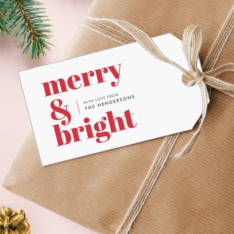 A stylish modern holiday gift tag with a bold retro typography quote "merry & bright" in bright red on a white background. The greeting and name can be easily customized to suit your needs. A trendy fun design to stand out this holiday season! Red Suitcase, Trendy Christmas Gifts, Watercolor Foliage, Leaf Watercolor, Xmas Tags, Stylish Luggage, Fashion Stand, Custom Ribbon, Retro Typography