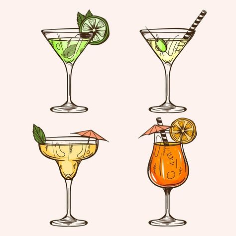 Hand drawn cocktail collection Free Vect... | Free Vector #Freepik #freevector #hand #hand-drawn #glass #cocktail Cartoon Cocktails Illustrations, Cocktail Glasses Drawing, Cartoon Cocktails, Cocktail Drawing Simple, Cocktail Glass Drawing, Cocktail Glass Illustration, Cocktail Glass Tattoo, Cocktail Cartoon, Drawn Cocktails