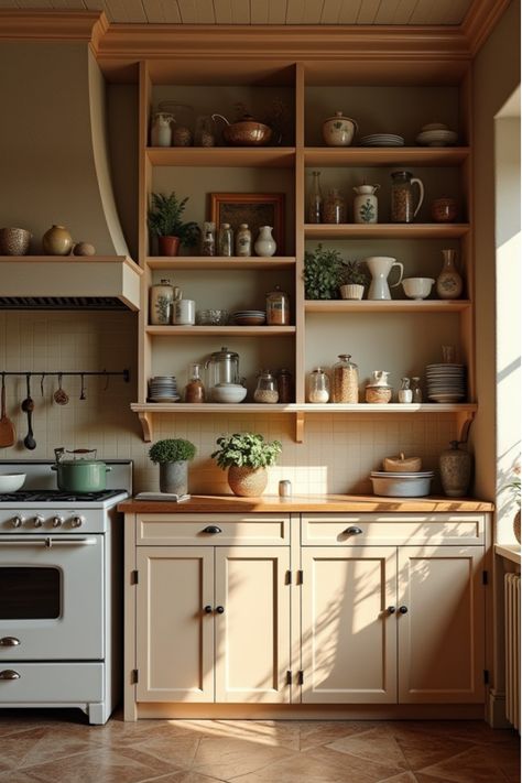 Kitchen interior reflecting personal design philosophy Open Shelving Over Stove, Vintage Kitchen Cupboards, Vintage Kitchen Dresser, Nostalgic Kitchen, Vintage Inspired Kitchen, Retro Appliances, Antique Accessories, Classic Color Palette, Kitchen Dresser