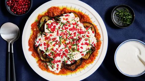 Make-ahead Eggplant Borani: Velvety yet crispy-along-the-edges eggplant in a garlic-spiked yogurt sauce | CBC Life Mezze Dinner Party, Desi Dinner Party Ideas, Vegetarian Dinner Party Ideas, Eid Dinner Ideas, Ramadan Dinner Ideas, Ramadan Menu Ideas, Vegetarian Dinner Party Menu Ideas, Eggplant Borani, Indian Dinner Party Menu Ideas