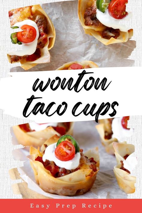 The perfect appetizer or fun twist on taco night. Seasoned beef, melty cheese and crispy wontons baked and piled high with your favorite taco toppings! Taco Bites Appetizers, Appetizers Wonton, Beef Wontons, Wonton Taco Cups, Crispy Wontons, Wonton Tacos, Taco Bites, Taco Toppings, Impressive Appetizers