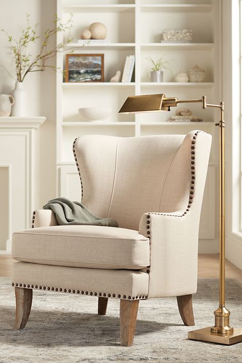 A cozy nook for R&R 🥰 Whether creating a space for relaxation in living room, bedroom, family room, or home office, soft, neutral designs create a calming environment in the home. Featured: Jenson Aged Brass Adjustable Swing Arm Pharmacy Floor Lamp- Style 1k779 Julie Colony Linen Upholstered Accent Chair- Style 14k31 Nourison Malta MAI01 Ivory and Blue Area Rug- Style 13f35 Brass Living Room, Modern Standing Lamps, Pharmacy Floor Lamp, Stylish Floor Lamp, Traditional Floor Lamps, Metal Lamp Shade, Floor Lamp With Shelves, Arm Floor Lamp, Floor Standing Lamps