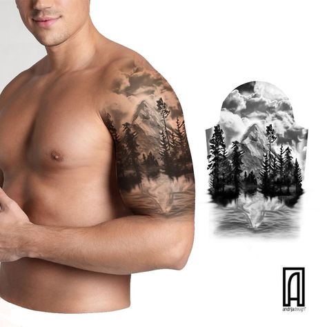 Half Sleeve Tattoo Design, Mountain Sleeve Tattoo, Nature Tattoo Ideas, Tricep Tattoos, Cool Nature, Basic Tattoos, Black Tattoo Cover Up, Native Tattoos, Hiking Tattoo