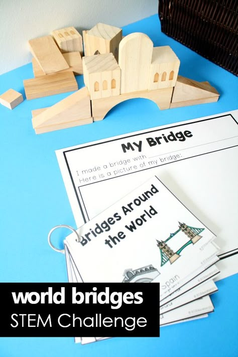 These Bridge Building STEM Activities invite kids to build their own version of world bridges using blocks, LEGO bricks, or any building material of choice. Use them in the preschool block center, maker space, or STEAM bins. Try a free printable sample. Building Stem Activities, Stem Challenge Cards, Block Center Preschool, Kindergarten Stem, Blocks Preschool, Preschool Stem, Kids Building, Block Center, Engineering Activities