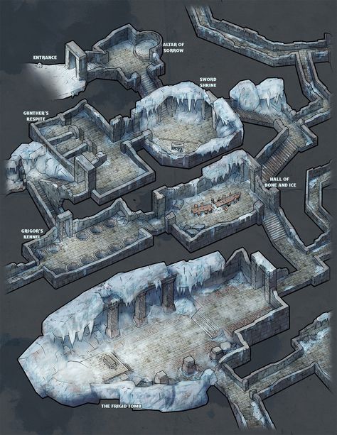 Dungeon of the Frozen King, Jon Pintar Rpg Wallpaper, Fantasy City Map, Isometric Map, Map Layout, Dnd World Map, Fantasy World Map, Rpg Ideas, Tabletop Rpg Maps, Adventure Map