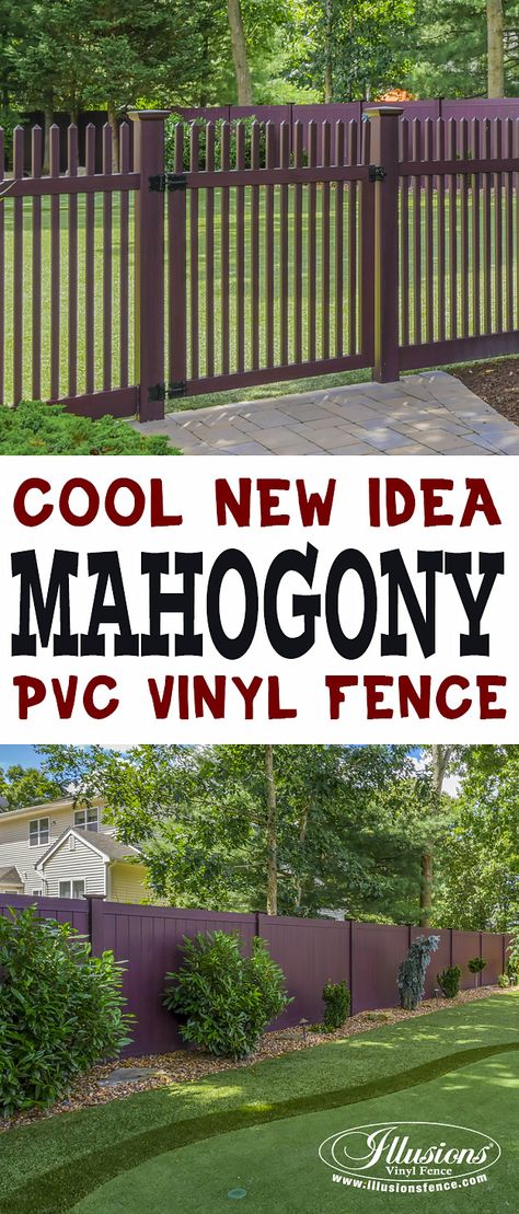 Looking for cool new fence ideas? How about beating the Joneses at their own game and taking your outdoor living space to the next level with this incredible Grand Illusions Vinyl WoodBond Mahogany PVC vinyl wood grain picket and privacy fence combo from @illusionsfence. Shown here: V700-4W101 Straight top Classic Victorian Picket and V300-6W101 Tongue & Groove Privacy Fence. #fenceideas #backyardideas Brown Vinyl Fence, Dark Brown Fence, Landscaping Fence, Backyard Fence Ideas, Dream Backyards, Image Illusion, Backyard Sandbox, Laundry Cabinet, Wooden Fences