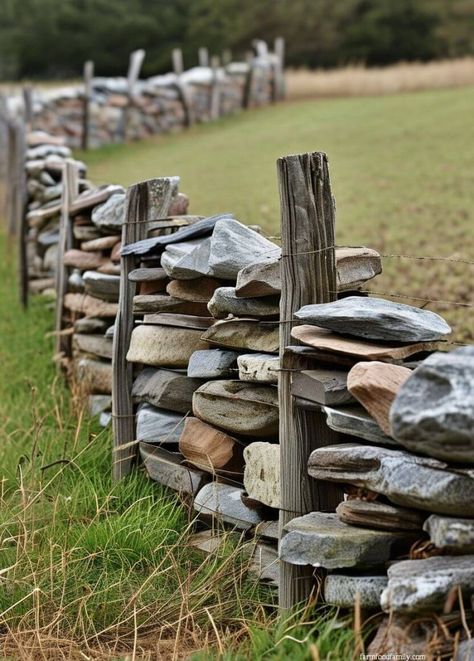 Mountain Fence Ideas, Natural Wood Fence Ideas, Tree Trunk Fence, Country Fence Ideas, Cedar Fence Ideas, T Post Fence, Running Bunny, Low Beds, Rock Fence