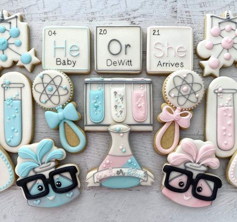 Gender Reveal Theme, Gender Reveal Cookies, Cute Pregnancy Announcement, Gender Reveal Themes, Shower Cookies, Sugar Cookie Designs, Science Themes, Baby Cookies, Cookie Inspiration