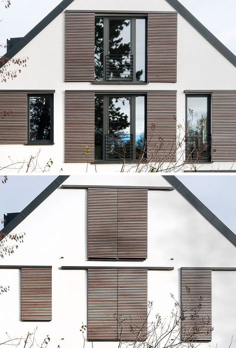 This house is an example of how to do modern window shutters Outdoor Window Shutters, Renovation Facade, Modern Shutters, Shutters Interior, Shutters Window, Window Shutters Exterior, Outdoor Shutters, Rustic Shutters, Vintage Shutters