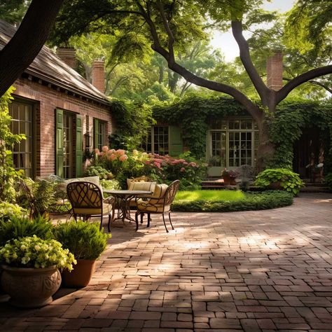 Red Brick Backyard Ideas, Cobblestone Home Exterior, Italian Courtyard Garden Ideas, Southern Courtyard Ideas, Brick Courtyard Patio, Brick Terrace Patio, Brick Courtyard Garden, Modern Brick Patio, Traditional Patio Ideas