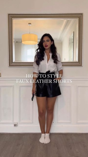 🧿 Chryssa 🧿 on Instagram: "HOW TO STYLE FAUX LEATHER SHORTS FOR FALL!🍂 // I love love love these leather shorts so much! And the weather is so weird it’s kinda hot rn! So here’s 3 outfits with leather shorts🖤 Which one would you wear?🖤✨  REFS LOOK1: Faux leather shorts: 123573472 @asos (wearing a size S) Black sweater: 3859/144 @zara (wearing a size S) Polka dots tights: MODC1210 @calzedonia Black blazer: 1255/005 @zara (wearing a size S) Shoes: 1924819 @asos Bag: TEMI164N01 @letanneur LOOK Leather Shorts And Sweater Outfit, Shorts Tights Boots Outfit, Leather Shorts And Sneakers Outfit, How To Wear Leather Shorts, Black Shorts Outfit Winter, Black Leather Shorts Outfit Winter, Faux Leather Shorts Outfit Fall, Leather Shorts And Tights Outfit, How To Style Leather Shorts