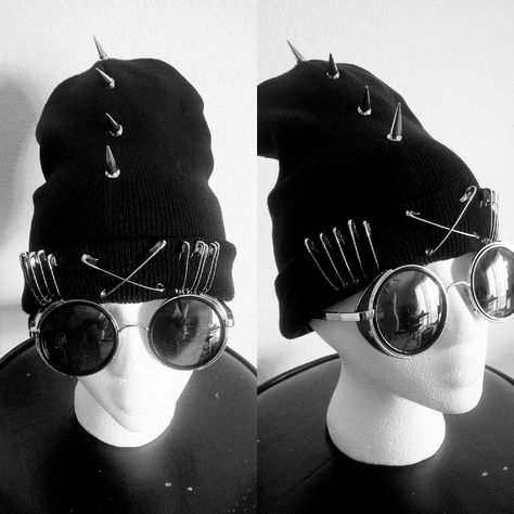 Safety pin and spike stud beanie. Handmade.  Available online at www.etsy.com/shop/STRTxTALR  Be different. Be original. Hats With Pins On Them, Punk Adjustable Hat For Halloween, Punk Brimmed Hat For Alternative Fashion, Crust Hat Punk, Goth Hats, Punk Beanie, Alt Beanie, Diy Grunge Clothes, Adjustable Punk Beanie Hat