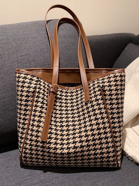 Brown Fashionable Collar Fabric Houndstooth,Plaid Shoulder Tote Bag Embellished Women Bags Side Purses, Cheap Purses, Everyday Handbag, Bags For Teens, Girly Bags, Adjustable Bag, Fancy Bags, Shoulder Tote Bag, Black Tote Bag