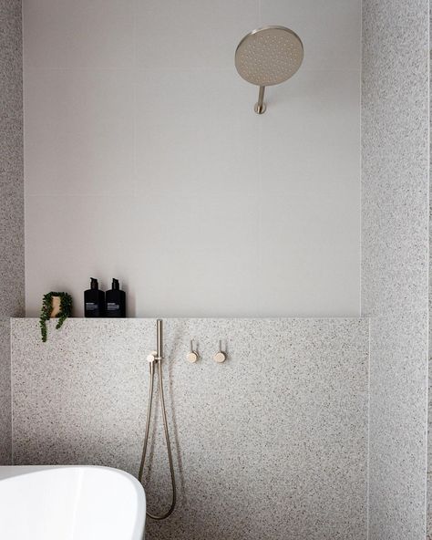 White Terrazzo Bathroom, Brushed Nickel Tapware, Nickel Tapware, Terrazzo Bathroom, Modern Terrazzo, Full Bathroom Remodel, Brushed Nickel Bathroom, Sophisticated Bathroom, Mornington Peninsula