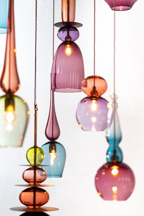 Blush Chandelier : Choose Your Own Glass Chandelier Design — Curiousa & Curiousa Diy Led Chandelier, Colored Glass Light Fixture, Color Glass Interior, Coloured Chandelier, Multiple Pendant Lights, Funky Chandelier, Glass Light Pendants, Eclectic Chandeliers, Sculptural Light