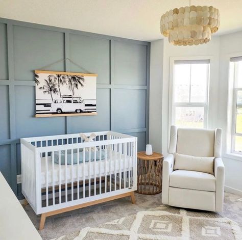 Blue Accent Wall Nursery, Nursery Accent Wall, Blue Accent Walls, White Crib, Kids' Furniture, Baby Boy Room Nursery, Nursery Decor Neutral, Bed With Slide, Blue Nursery