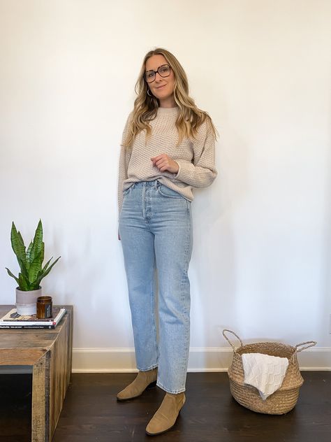 Agolde 90s Mid Rise Loose Fit jeans in snapshot with a tan Target sweater, Warby Parker Alson glasses, Madewell gold hoop earrings, and Zara boots. Mom Loose Jeans Outfit, Madewell 90s Straight Jeans Outfits, Og Loose Jeans Outfit, Loose Jeans With Boots, Styling Loose Jeans, Loose Fit Jeans Outfit, Straight Leg Jeans Outfit, Loose Jeans Outfit, Target Sweater