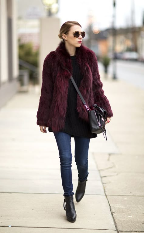 @roressclothes closet ideas #women fashion outfit #clothing style apparel Maroon Faux Fur Coat Long Fur Coat Outfit, Fur Jacket Outfit, Coat Outfit Ideas, Fur Coat Outfit, Long Fur Coat, Best Winter Coats, Mode Tips, Blazer Outfit, Coat Outfit