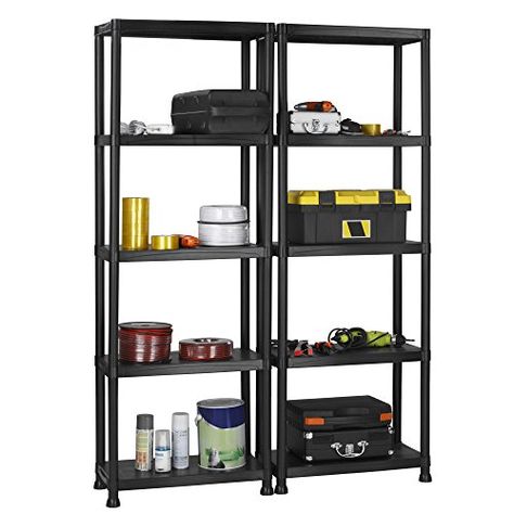 VonHaus 5 Tier Garage Shelving Unit with Wall Brackets Pack of 2  Heavy Duty Black Plastic Interlocking Utility Storage Shelves  Each Unit 68 x 24 x 12 inches >>> Check out the image by visiting the link. Plastic Shelving Units, Shed Shelving, Garage Shelving Units, Heavy Duty Shelving, Office Shelving, Garage Tool Storage, Utility Shelves, Shelf System, Utility Storage