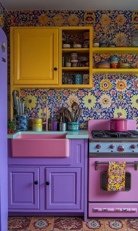 Yellow And Purple Kitchen, Maximalist Kitchen Aesthetic, Fun Cabinet Colors, Kitchen Maximalism, Multicoloured Kitchen, Maximalist Decor Kitchen, Maximalism Kitchen, Purple Kitchen Ideas, Colorful Kitchen Cabinets