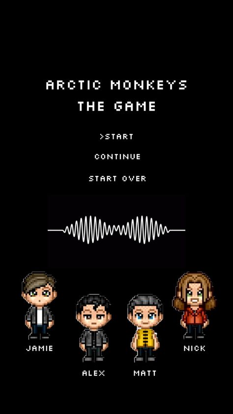 Arctic Monkeys members as pixel characters. Arctic Monkeys Members, Pixel Characters, Game Start, Arctic Monkeys, Monkeys, The Game